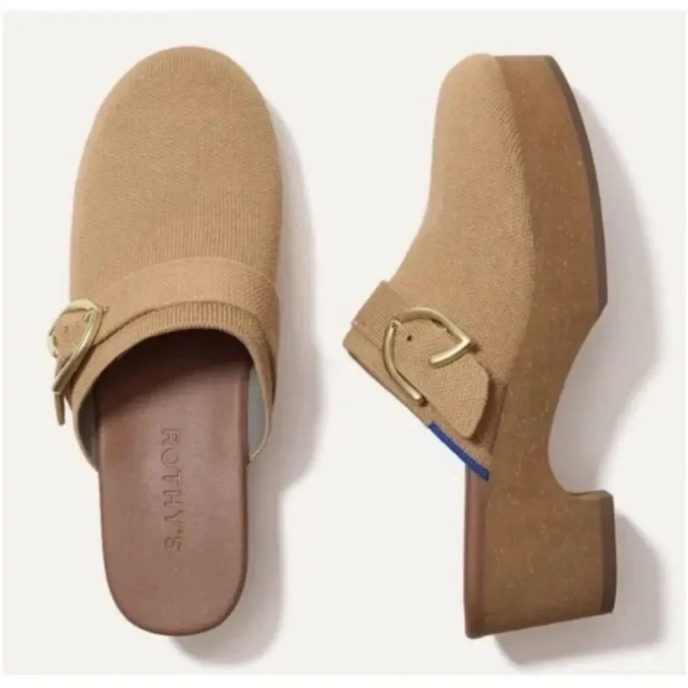 ​Rothy's The Buckle Clog Wren Boucle Tan Camel Women's Size 9.5 Mule Wedge Shoes
